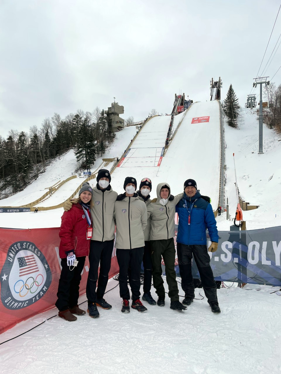 From left: Dr. Borowski, skiers Kevin Bickner, Andrew Urlaub, Casey Larson, Decker Dean and Dr. Andy Chen, Chief Medical Officer, USA Nordic at Lake Placid.