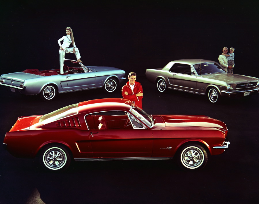 The Mustang is the car for the whole family, at least according to this ad from 1965. Three variants of the Mustang are shown with their target demographics: young men, women, and families.