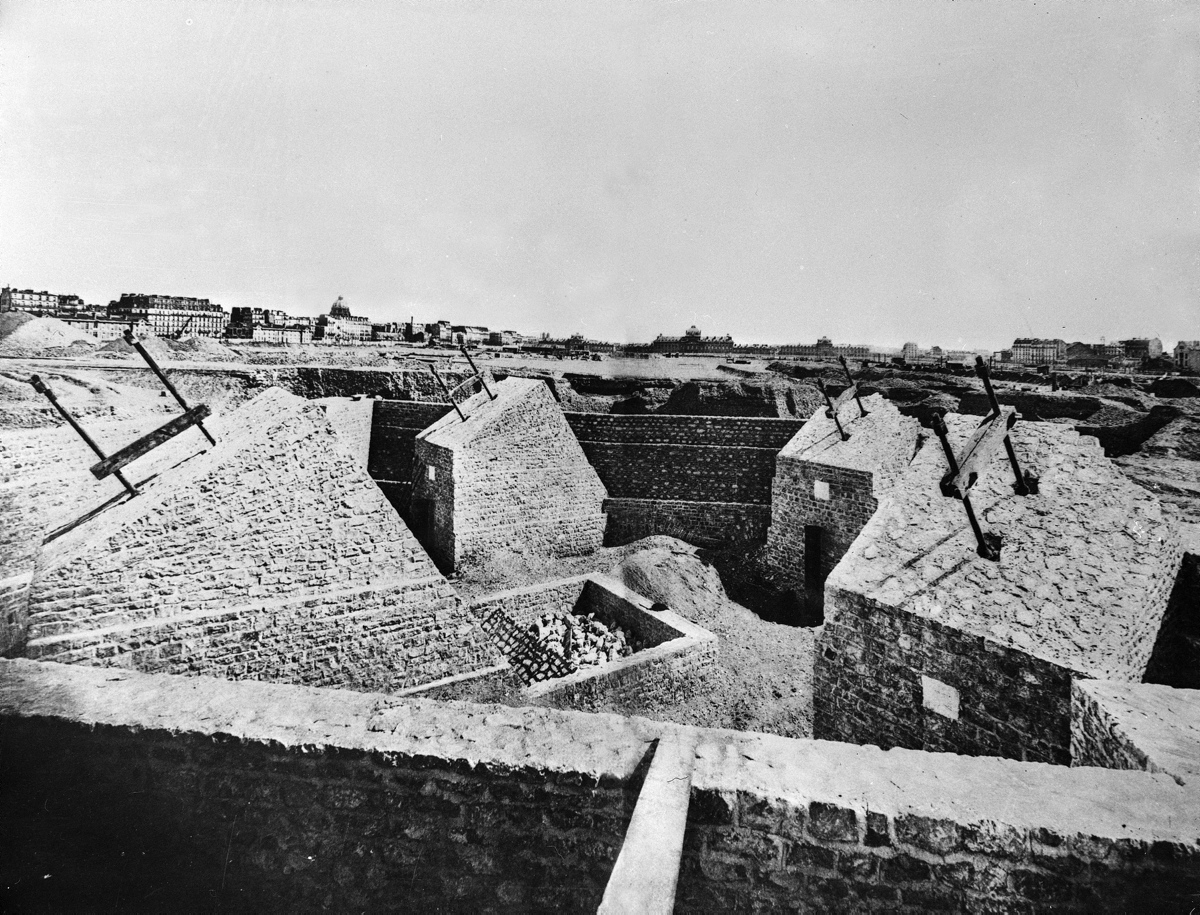 The foundation of what will be the Eiffel Tower in Paris is seen in 1887, before construction even began.