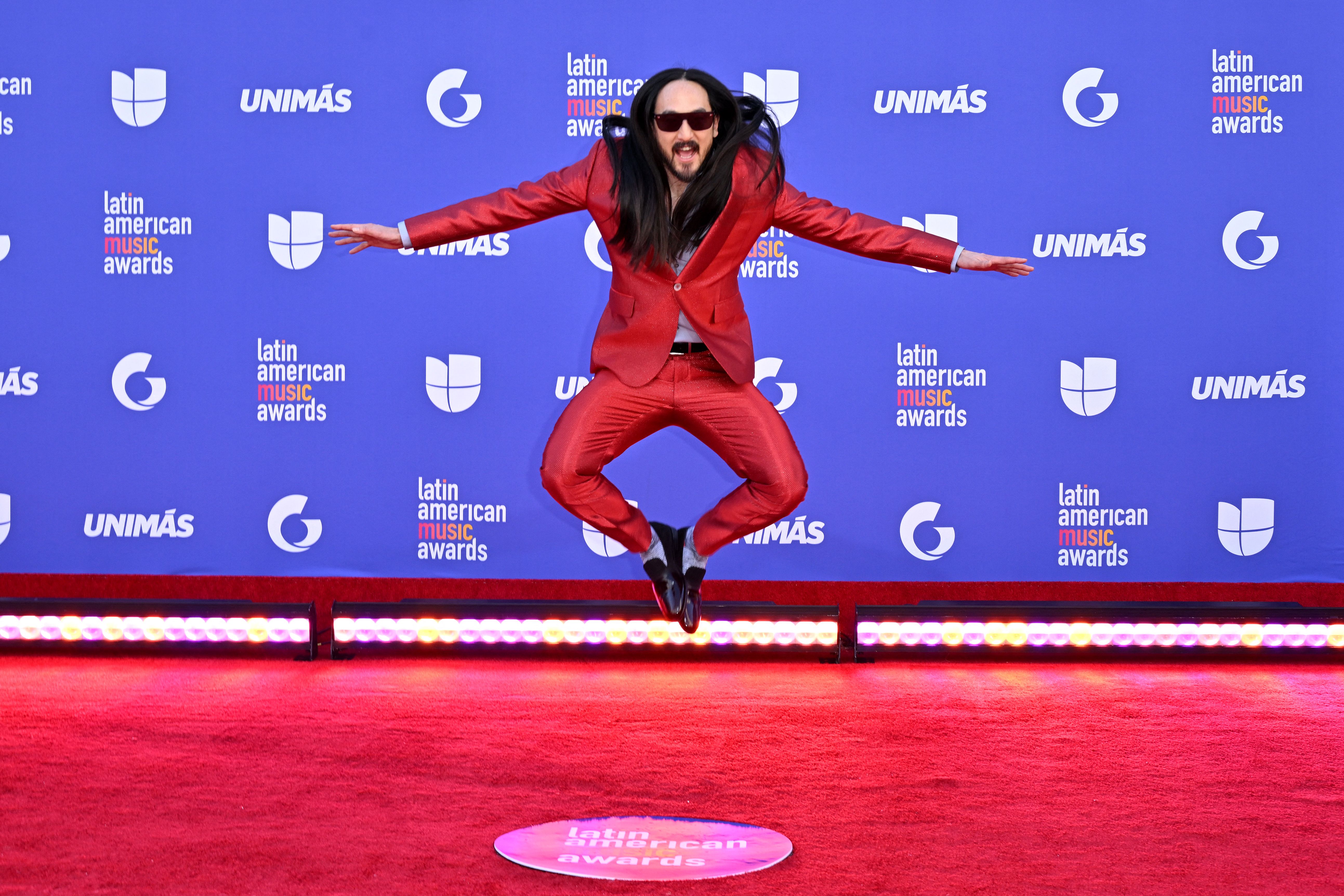 Steve Aoki arrives for the 8th annual Latin American Music Awards at the MGM Grand Garden Arena in Las Vegas, Nev., on April 20, 2023.