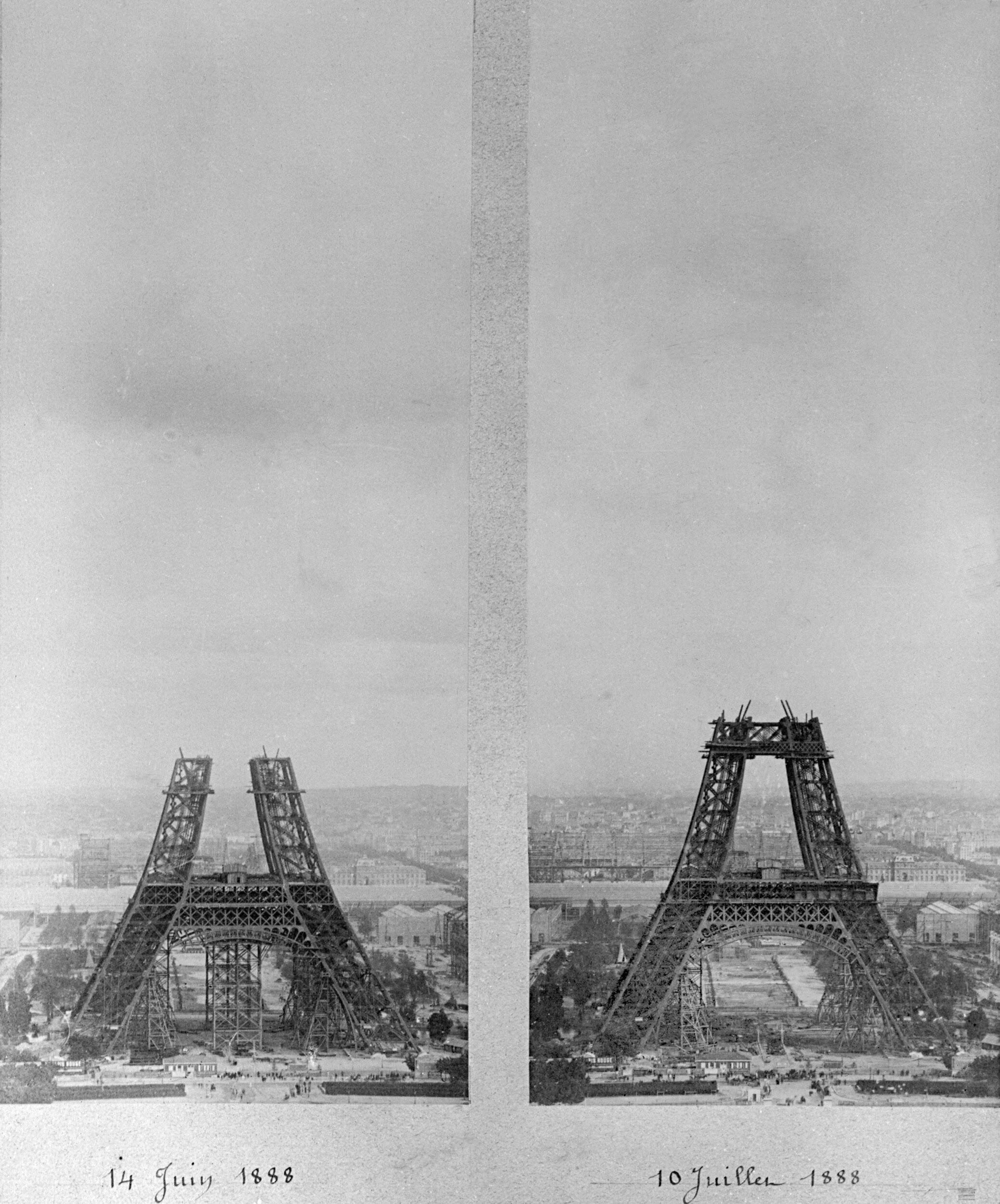 The building of the monumental structure did not come easy. It took 300 workers, 18,038 pieces of wrought iron and 2.5 million rivets to complete the structure. A combination of two photos shows the progress of the Eiffel Tower's construction in Paris from June 1888 (L) to July 1888.