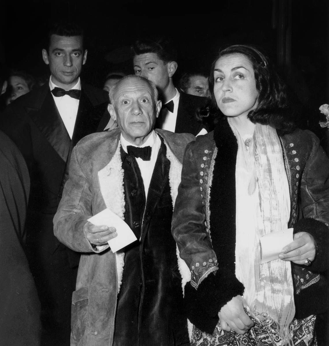 Legendary artist Pablo Picasso and his wife Francoise Gilot arrived at the premiere of Henri-Georges Clouzot's film 