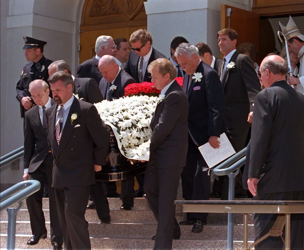 Sinatra's funeral was held at the Roman Catholic Church of the Good Shepherd in Beverly Hills, Calif. on May 20, 1998, with 400 mourners in attendance. Thousands of people lined the streets leading to the church to say goodbye to the legend. He was laid to rest next to his parents at the Desert Memorial Park in Cathedral City, Calif.
