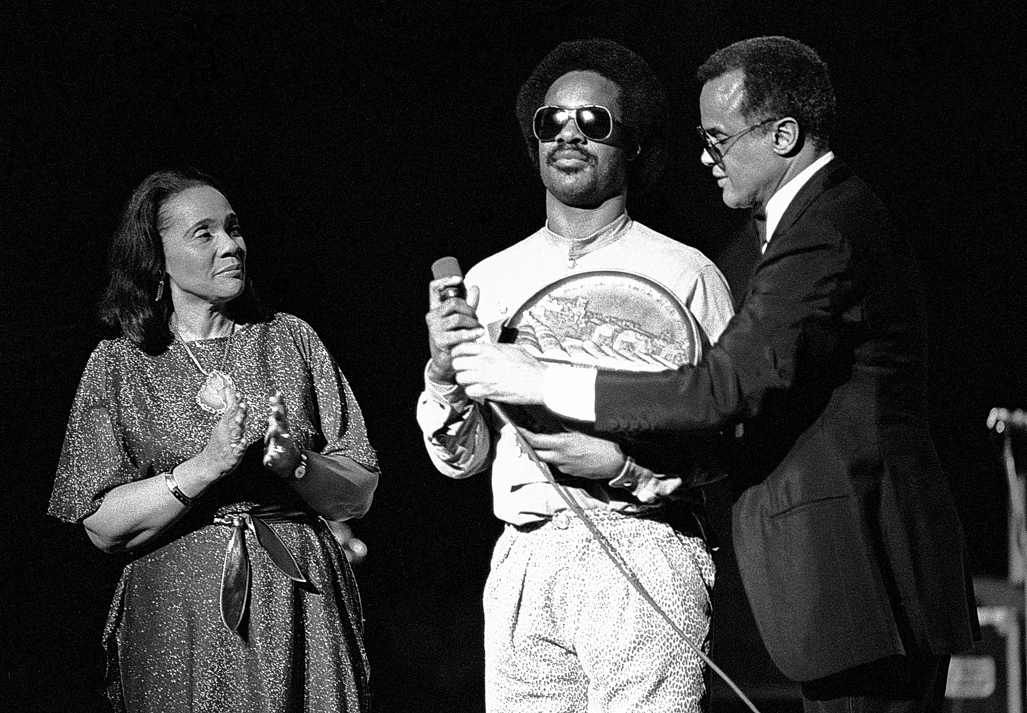 Coretta Scott King, Stevie Wonder and Harry Belafonte during M.L.K Gala in Atlanta Georgia, Jan. 1, 1982