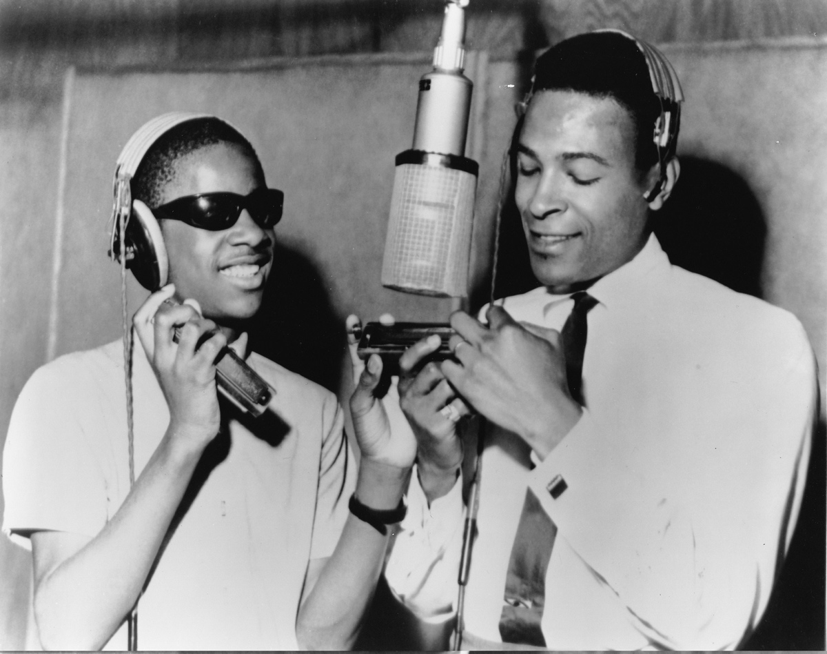 Stevie Wonder and Marvin Gaye making music at the Motown recording studio in Detroit, Michigan sometime in 1965. Gaye had played drums numerous times for Wonder before becoming an artist himself.