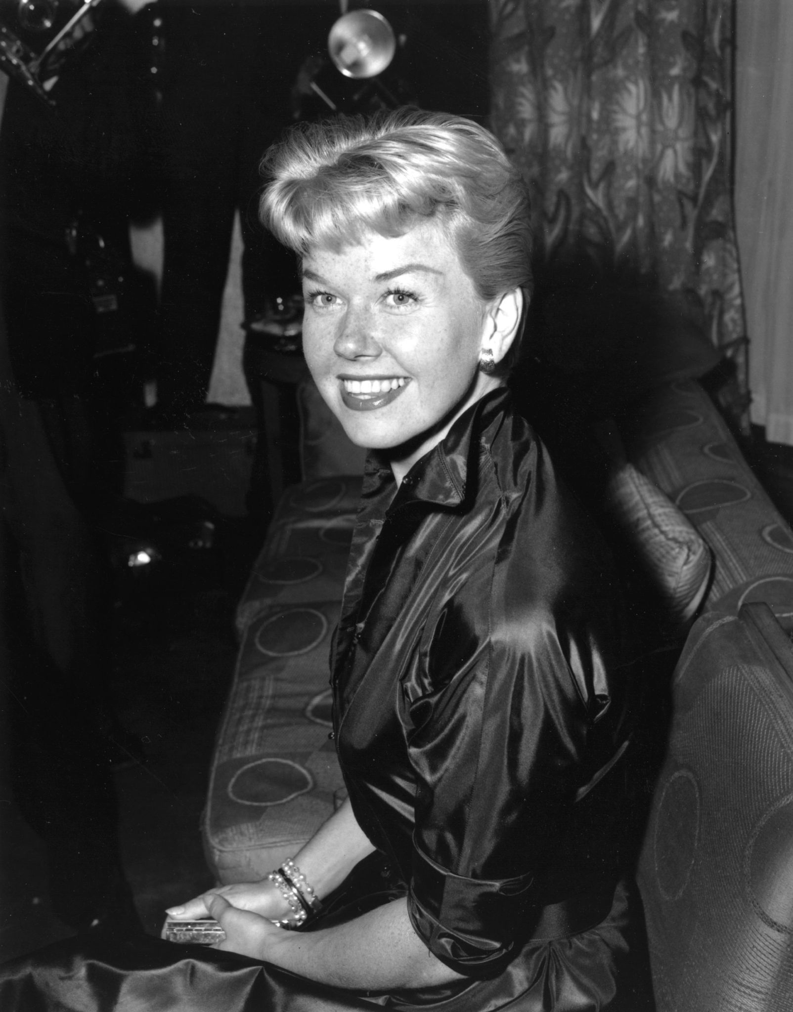 Singer-actress, Doris Day (originally Doris Von Kappelhoff), attends a reception at Claridge's on April 12, 1955, in London.
