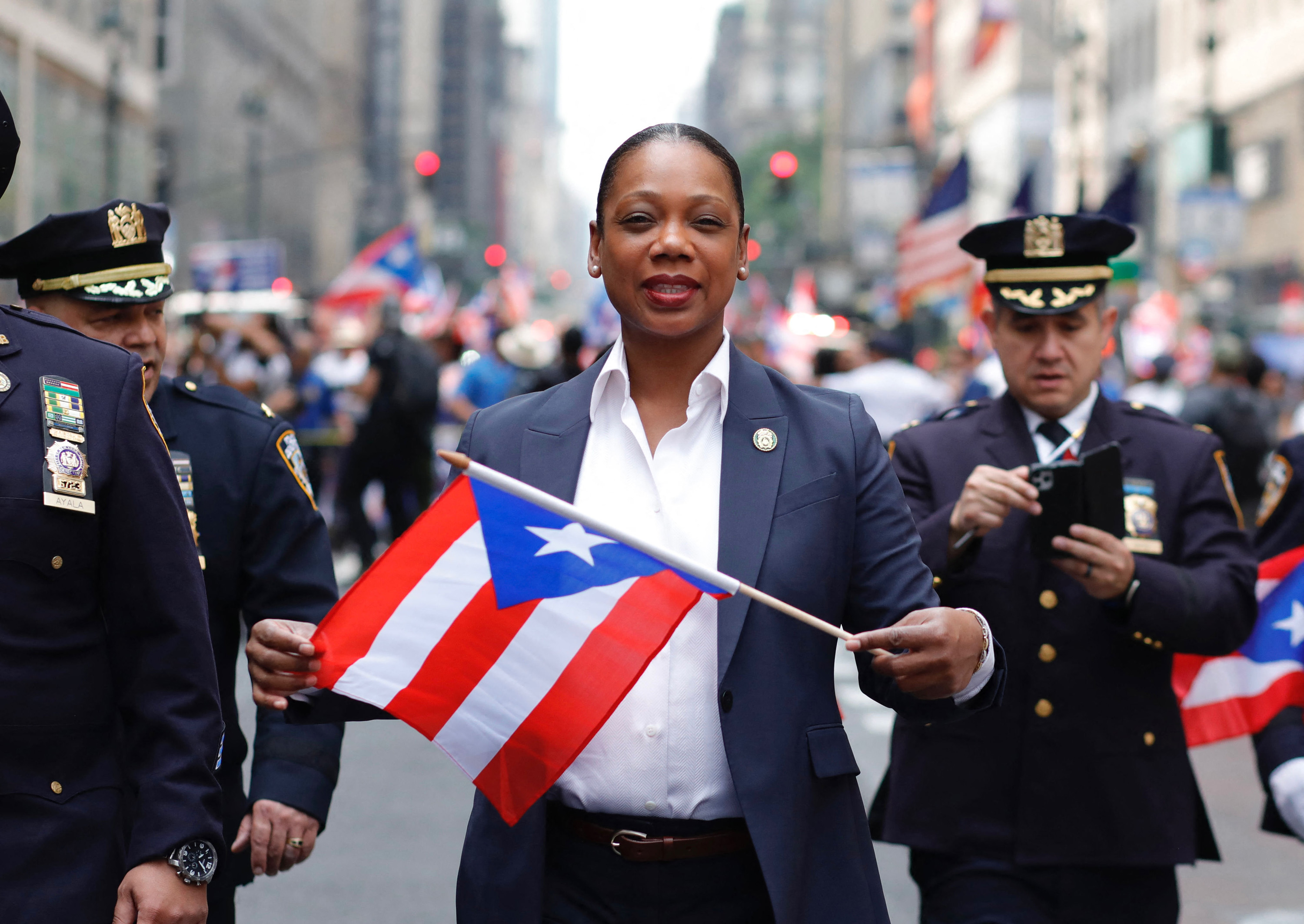 New York City Police Commissioner Keechant L. Sewell marches in the 66th annual National Puerto Rican Day Parade in New York City on June 11, 2023.
